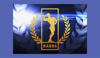A poster for the NABBA event, with a silhouette of a muscle-man in a competition pose, with gold laurel leaves and the letters NABBA underneath
