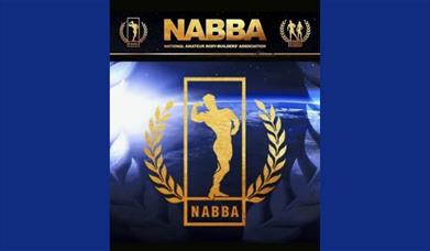 A picture of the NABBA logo - a golden adonis with gold laurel leaves