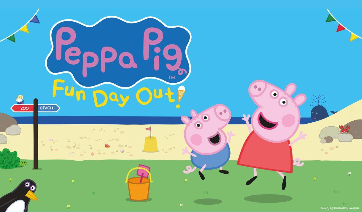 A picture showing Peppa Pig and her little brother George, jumping up and looking happy. There is a beach behind them, and a sign to the zoo, and a pe