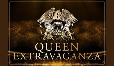 A picture of the Queen band logo of two lions,a crown and a phoenix, above the words "Queen Extravaganza"