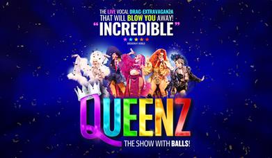 A poster advertising the show, with a picture of the drag queens, and the word "Queenz" underneath, in rainbow colours