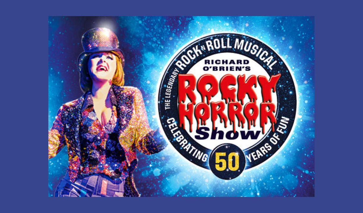 A poster advertising the 50th anniversary of The Rocky Horror Show, showing a woman in a sparkly jacket and top hat