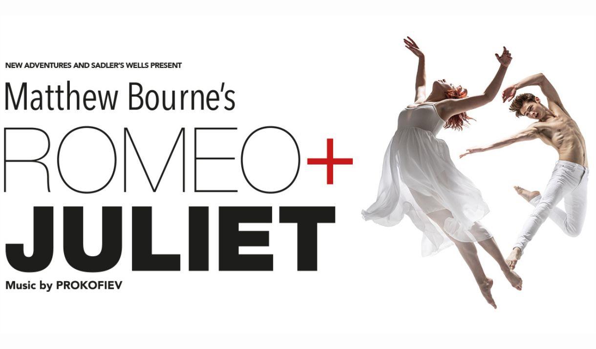 A poster advertising the ballet Romeo and Juliet, with a male and female dancer leaping in the air, creating a heart shape