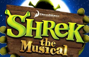 A green ogre is holding up a sign that says, "Shrek - the musical." The sign obscures everything except the top of his head and his fingers.