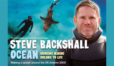 A picture of Steve Backshall in front of a picture of someone diving in the sea with a shark 