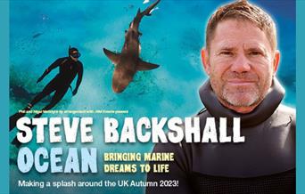 A picture of Steve Backshall in front of a picture of someone diving in the sea with a shark