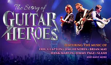 A poster advertising the show, with three performers playing guitar, and the words "Story of Guitar Heroes" in silver lettering