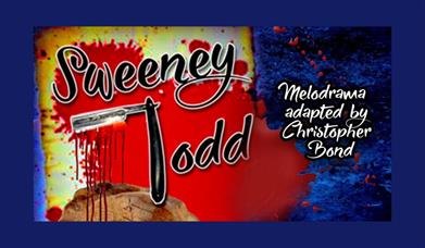 A poster advertising the play, Sweeney Todd, featuring a picture of a cutthroat razor