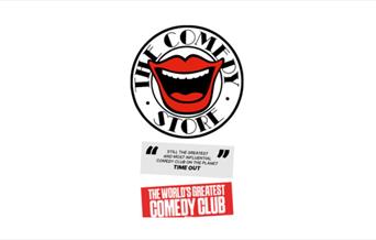 A picture of The Comedy Store logo of a wide open mouth, looking happy, with the words "the world's greatest comedy club" written underneath.