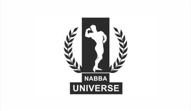 A white silhouette of a body builder against a black background, with black laurel leaves on either side, and the words Nabba Universe underneath
