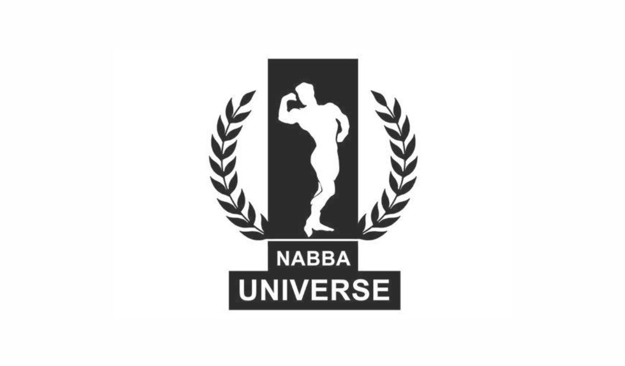 A white silhouette of a body builder against a black background, with black laurel leaves on either side, and the words Nabba Universe underneath