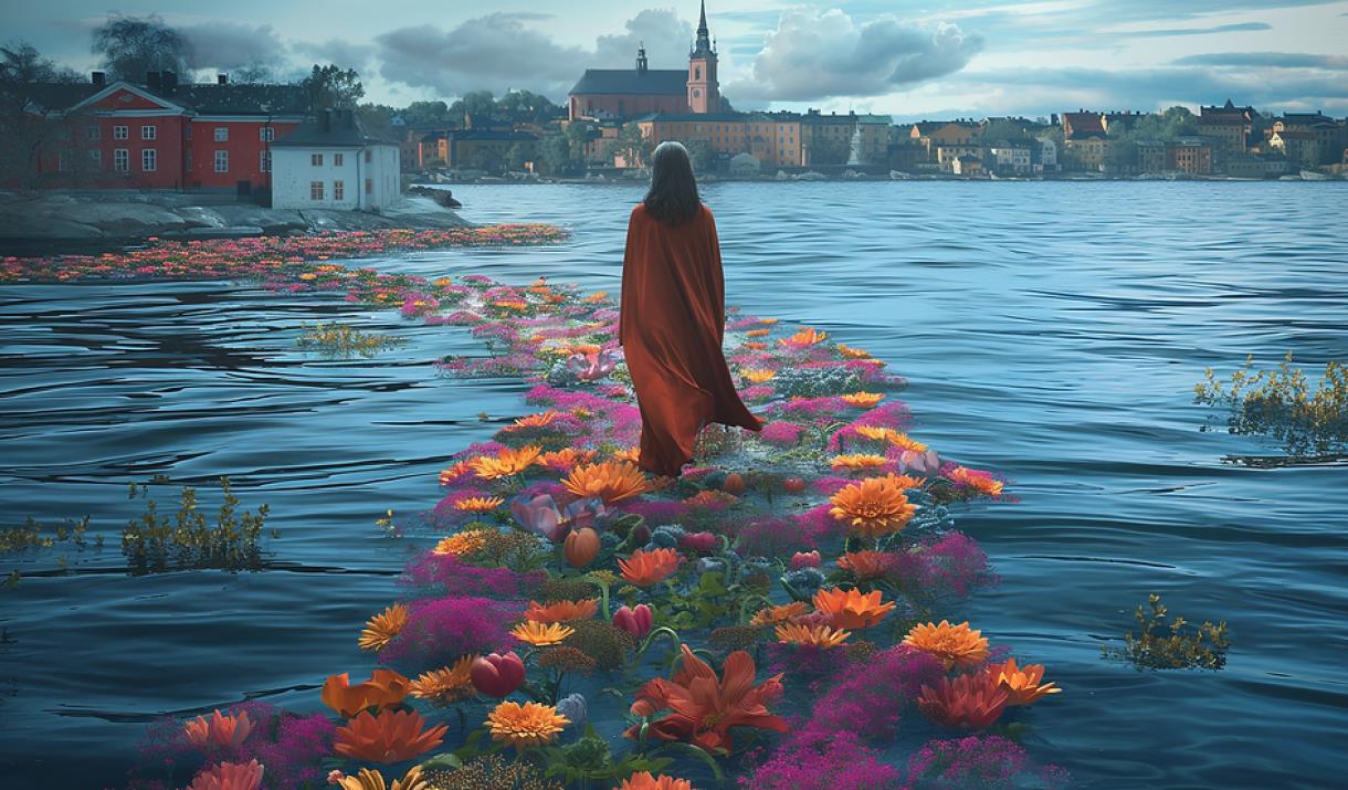 A man walking on flowers across water.