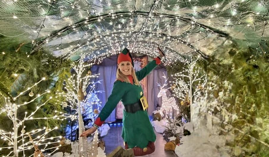 Santa's elf with grotto in background