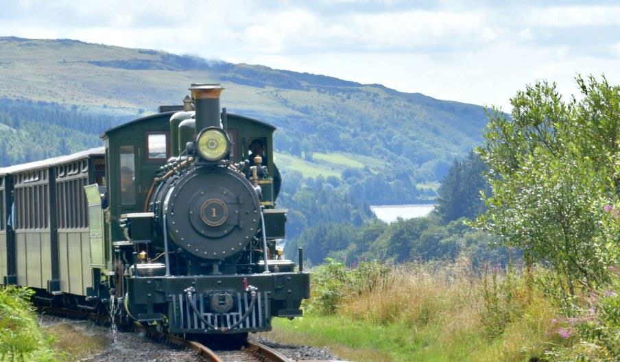 Exterior of train, landscape back drop of Brecon Mountains