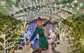 Santa's elf with grotto in background