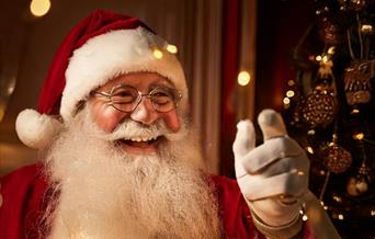 Santa with fairy lights in background