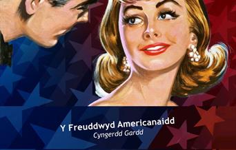 A 1950's style graphic of a Hollywood style couple. The woman in blonde, white and in a shoulderless red dress and elbow lengthwhite gloves. The man i