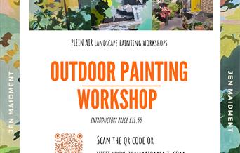 Plein air, outdoor landscape painting workshop poster Builth Wells by artist Jen Maidment