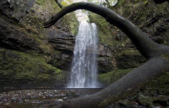 A low shot showing the height of Henrhyd Falls