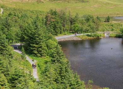 The lake and forest trails at Bwlch Nant yr Arian in the hills near Aberystwyth