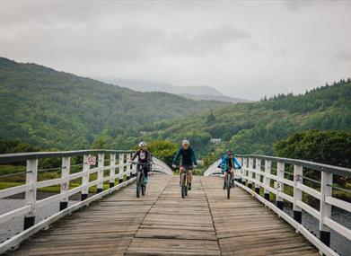 Three cyclists riding towards the camera over the wooden toll bridge at Penmaenpool on the Mawddach Trail