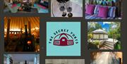 Interior of yurts showing colourful cotton bedding, fairy lights and lit fire, hot tub steaming with fizz in an ice bucket and 2 glasses, luxury kitch