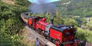 A red engine no.60 'Drakensberg' steaming above the Rheidol Valley