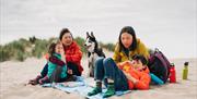 Family enjoying a picnic on Barmouth Beach with their Dog