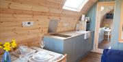 Bwthyn Bach Brefi table and kitchen glamping pod Tregaron Ceredigion