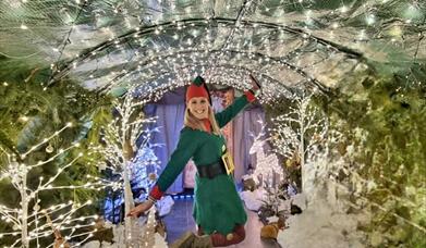 Santa's elf with grotto in background