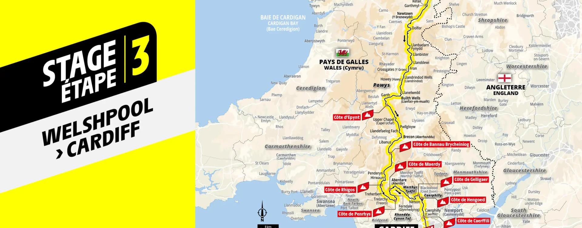 Map of Tour de France 2027 stage 3, 223km from Welshpool through Powys and Bannau Brycheiniog (Brecon Beacons) to Cardiff, Sunday 4 July