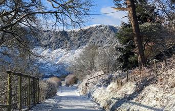 Walking down the lane alongside the farm in winter. Snow and frost over the hills.