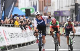 The Women’s Tour 2022 - Stage Four - Wrexham to Welshpool, Wales - Grace Brown of Team FDJ Nouvelle Aquitaine Futuroscope celebrating her victory with