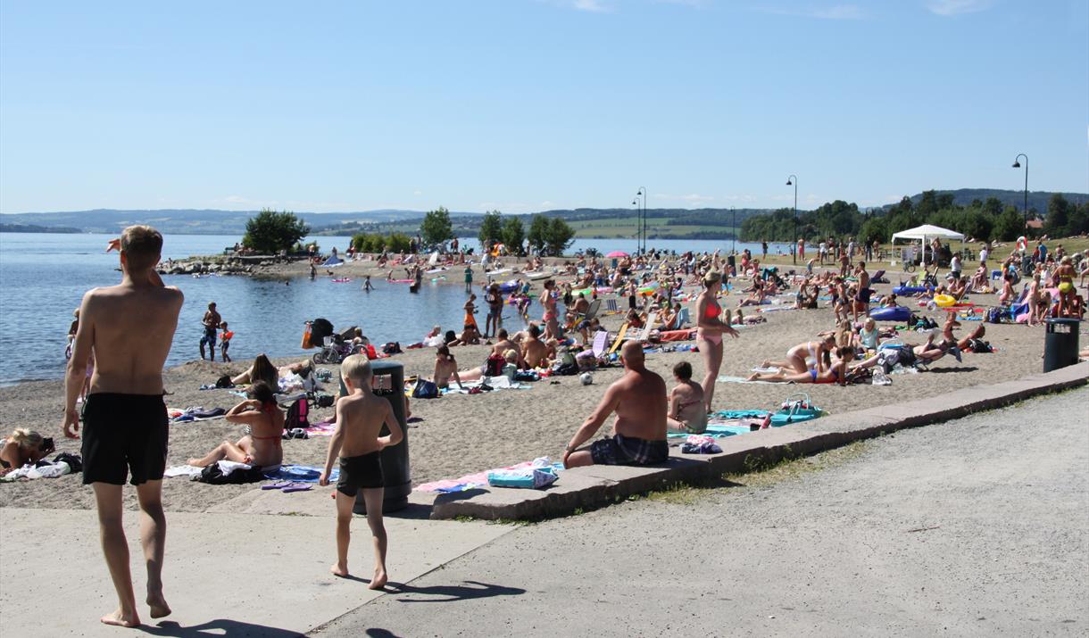 Crowds of people are sunbathing and swimming at a busy beach on a warm summer day.