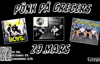 Konsert plakat med bilde av bandene som spiller lørdag 29 mars.