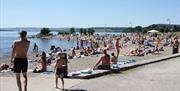 Crowds of people are sunbathing and swimming at a busy beach on a warm summer day.
