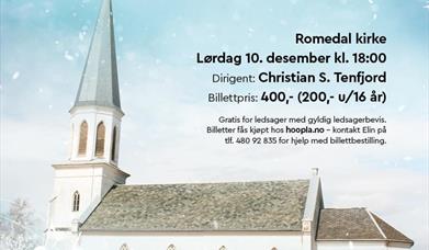 Plakat for julekonsert med bilde av en kirke