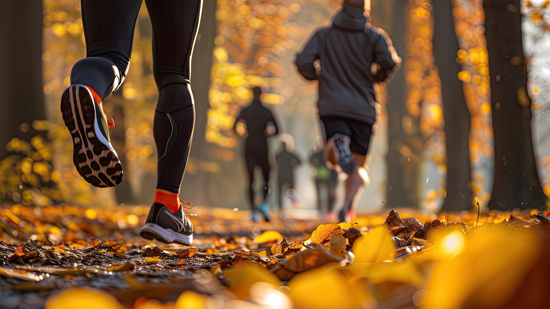 parkrun group of people enjoying running in beautiful autumn woodland in monmouthshire
