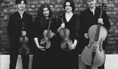 4 musicians against a wall with instruments