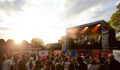 Abergavenny music festival in Abergavenny Castle night scene with band and crowd