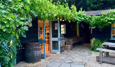 Branch and Vine in Tintern the Hop Garden showing hops growing on barn and old barrels