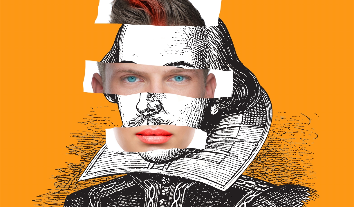 Edited image of Shakespeare drawn image, in front of an orange background