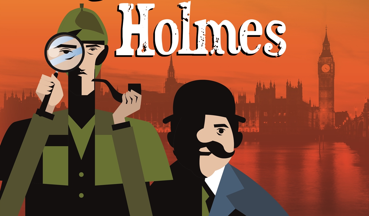 Cartoon of Sherlock and Watson, with London behind them