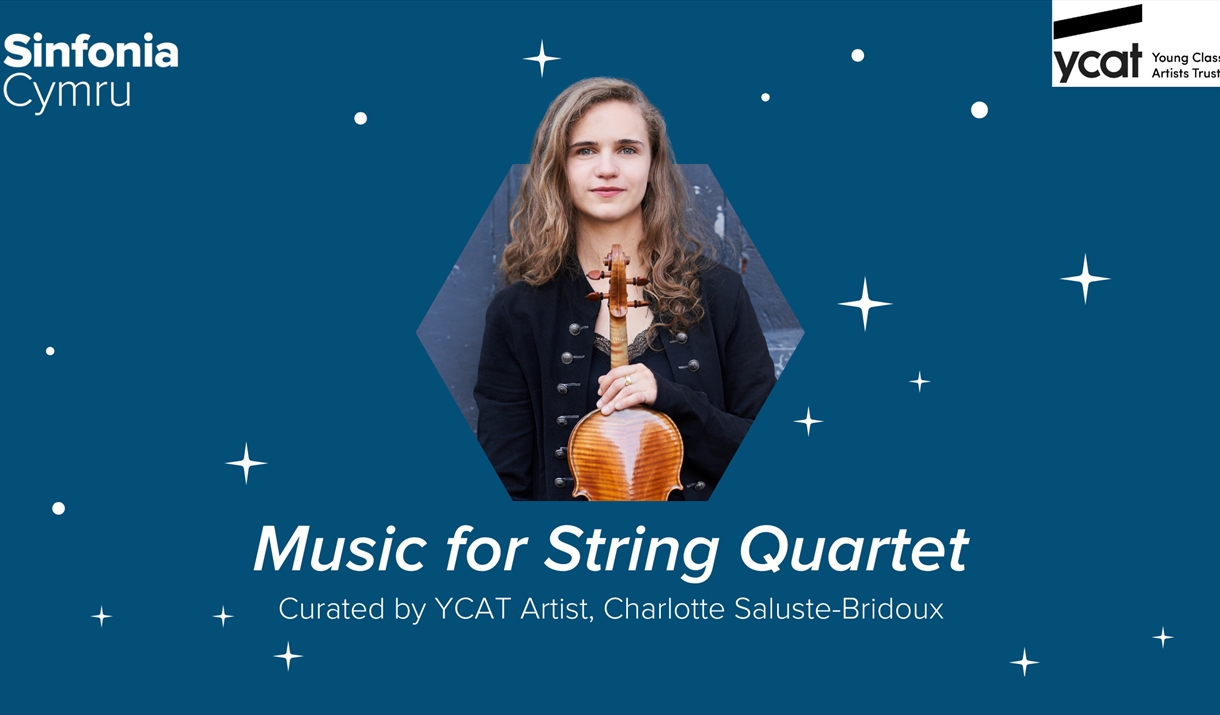 A headshot of violinist Charlotte Saluste-Bridoux on a dark blue background with shimmering stars.
