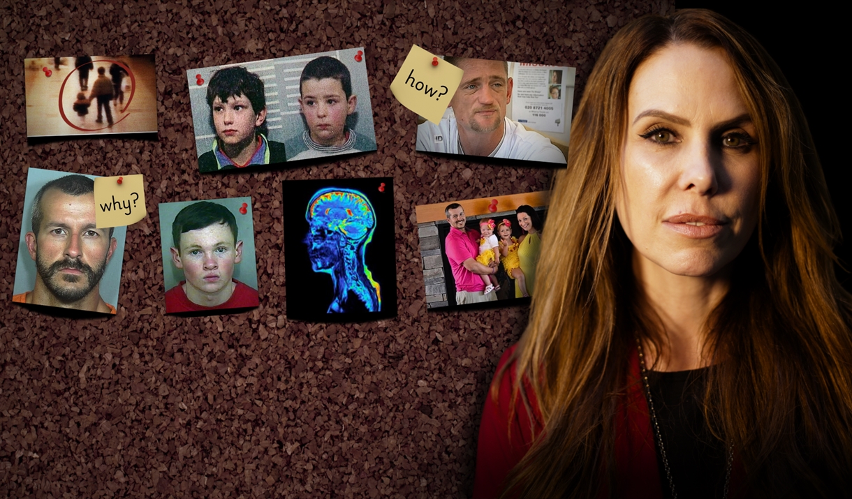 Emma Kenny's Murderous Minds - lady looks with photos of people on wall behind her the photos are crime case studies