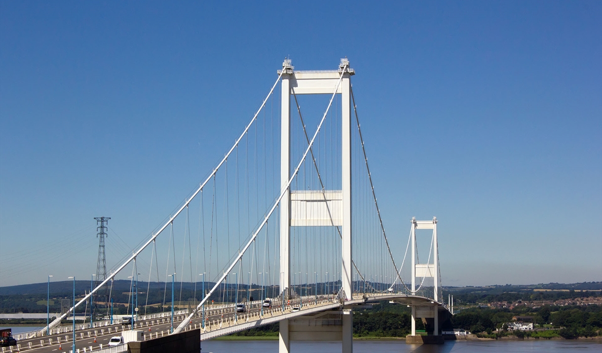 Severn Bridge, older of the two bridges, show against a blue sky