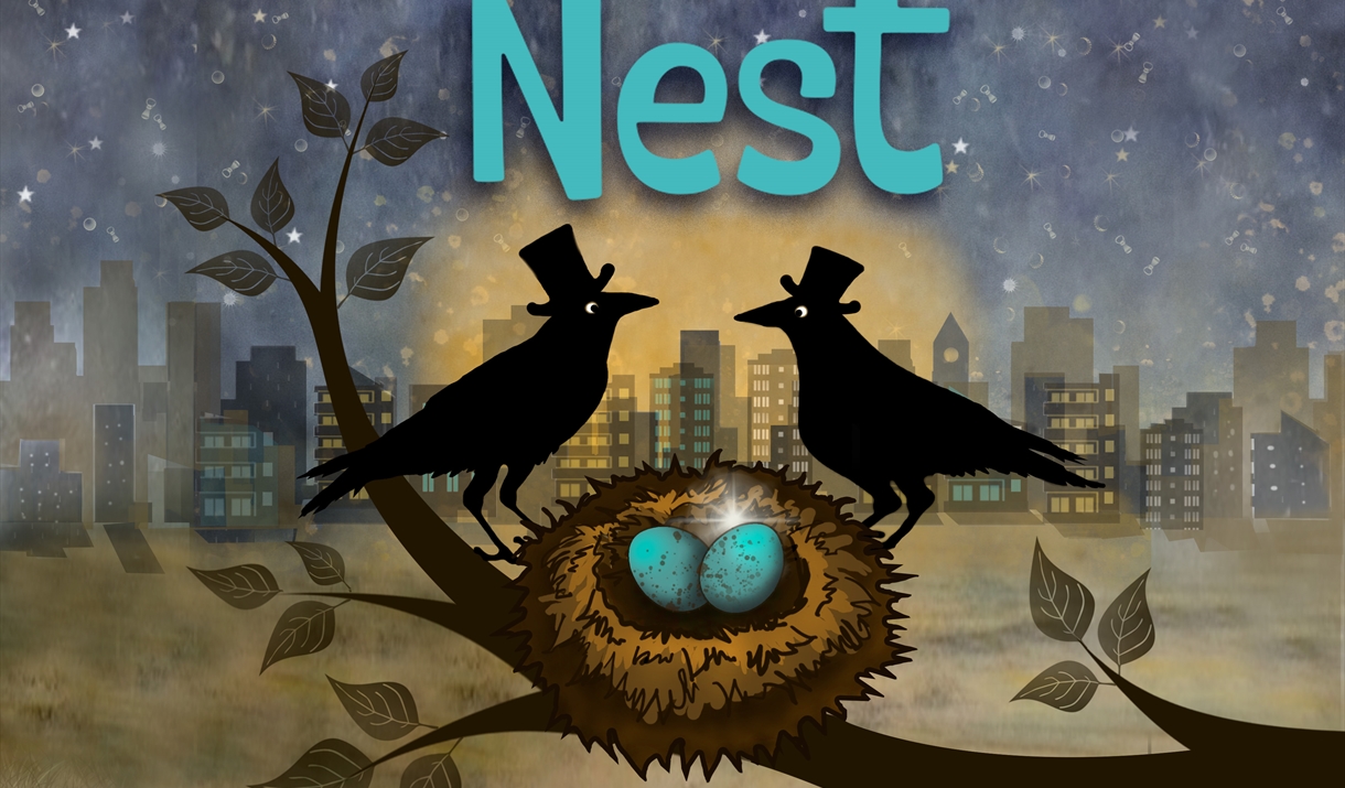 Two birds with top hats above a nest with two eggs on a branch - behind is a city.