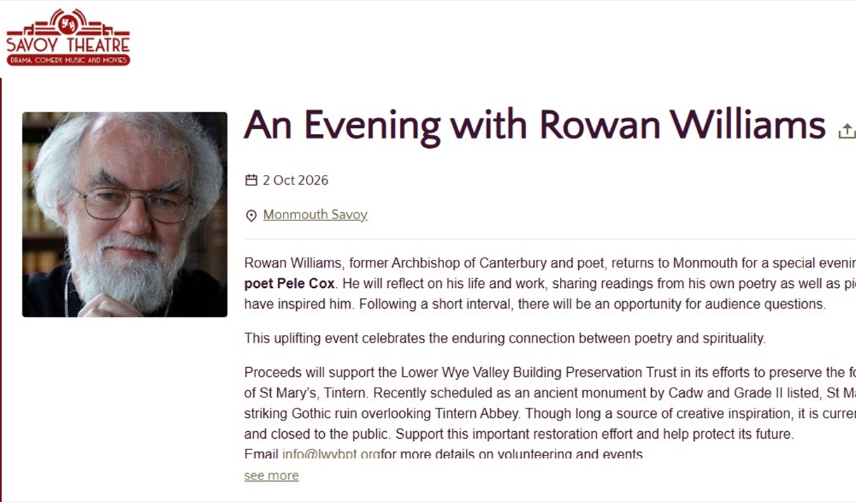 An Evening with Rowan Williams screen grab of website