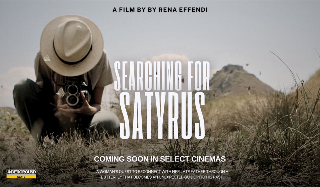 A woman photographing a butterfly - a film flyer for Searching for Satyrus