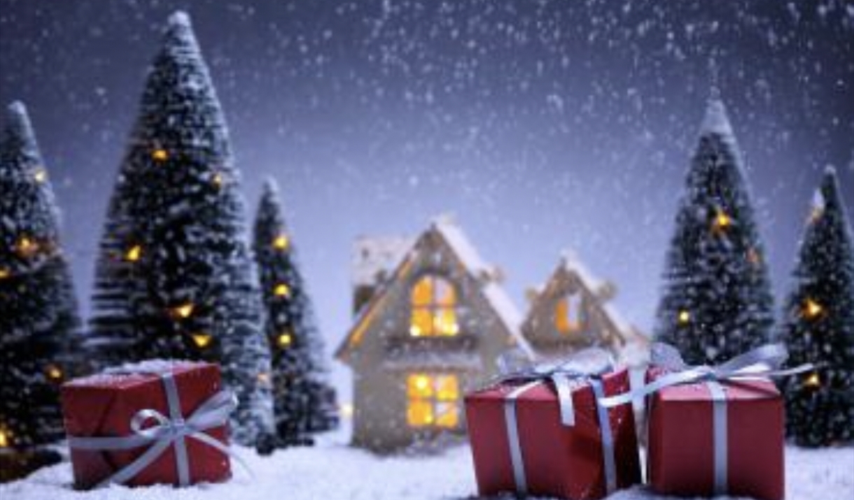 Snow scene with parcels scattered on the ground.